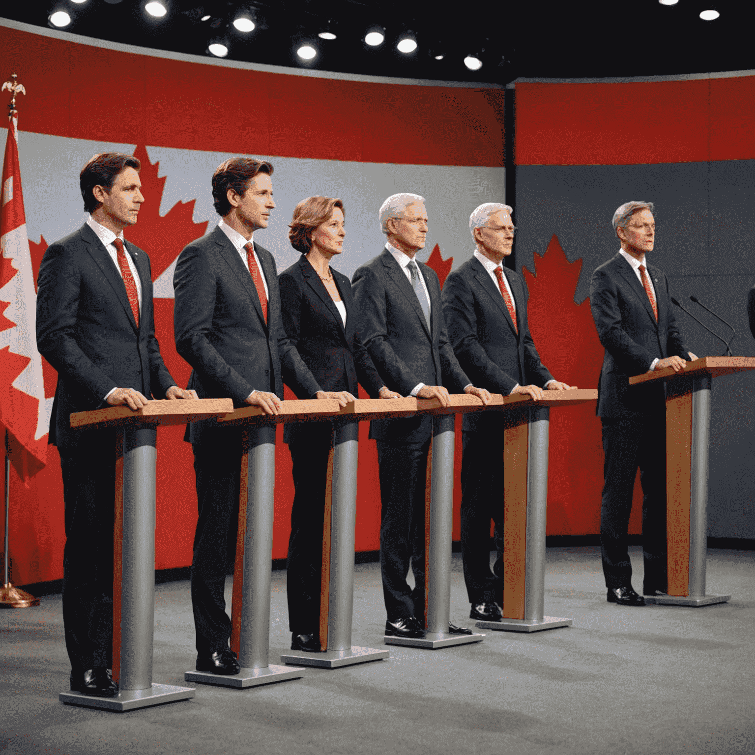 A group of Canadian politicians standing at podiums, engaged in a debate or press conference