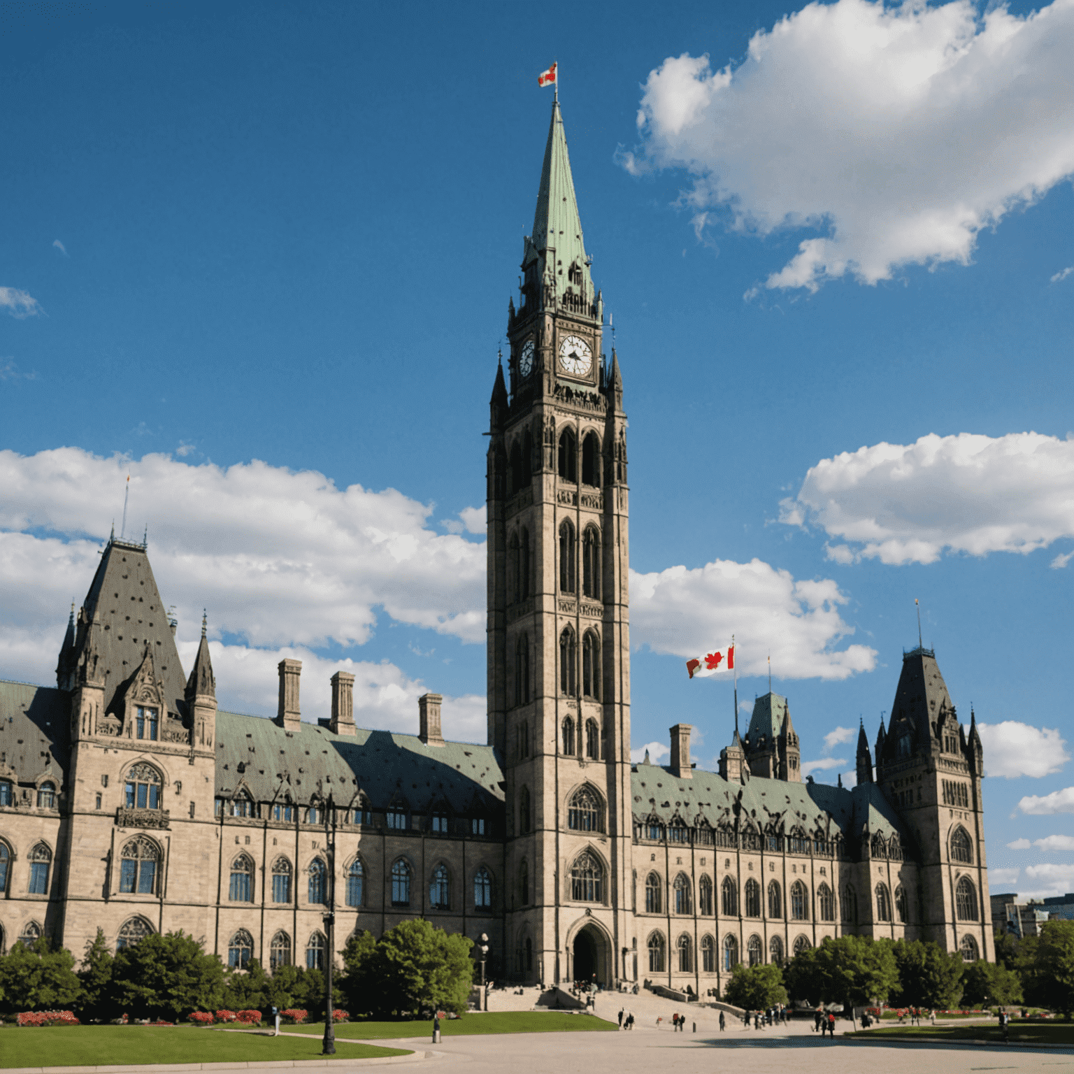 Exterior view of the Canadian Parliament Building in Ottawa, with the Peace Tower and Canadian flag visible