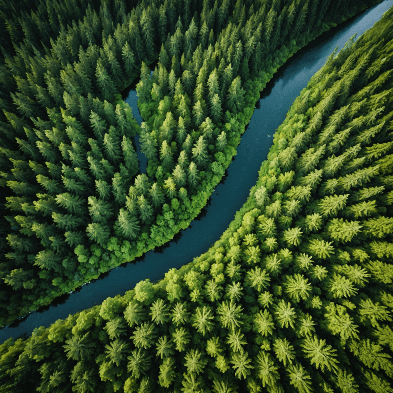 Aerial view of a lush green forest in Canada with a river running through it