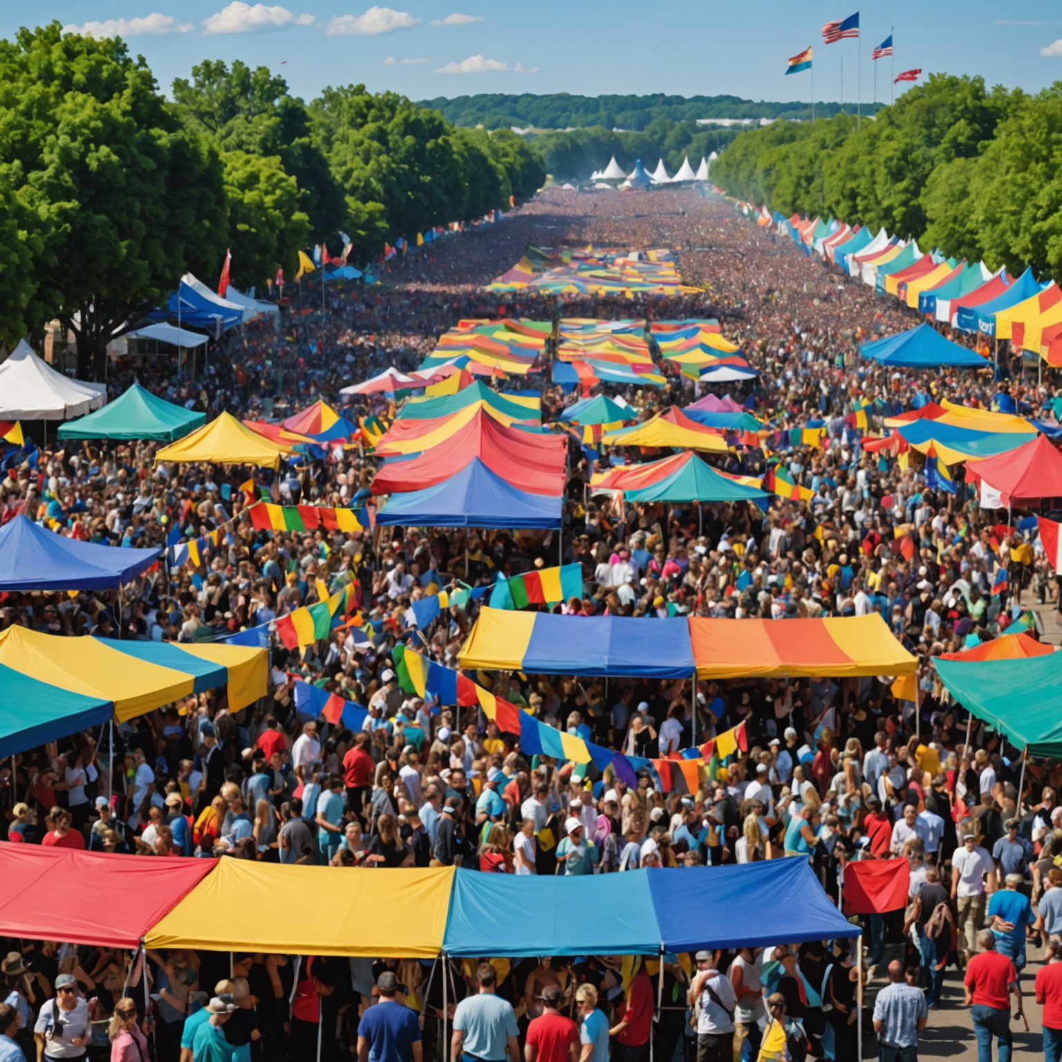 A large, diverse crowd gathered at a vibrant outdoor festival, with colorful banners and flags visible