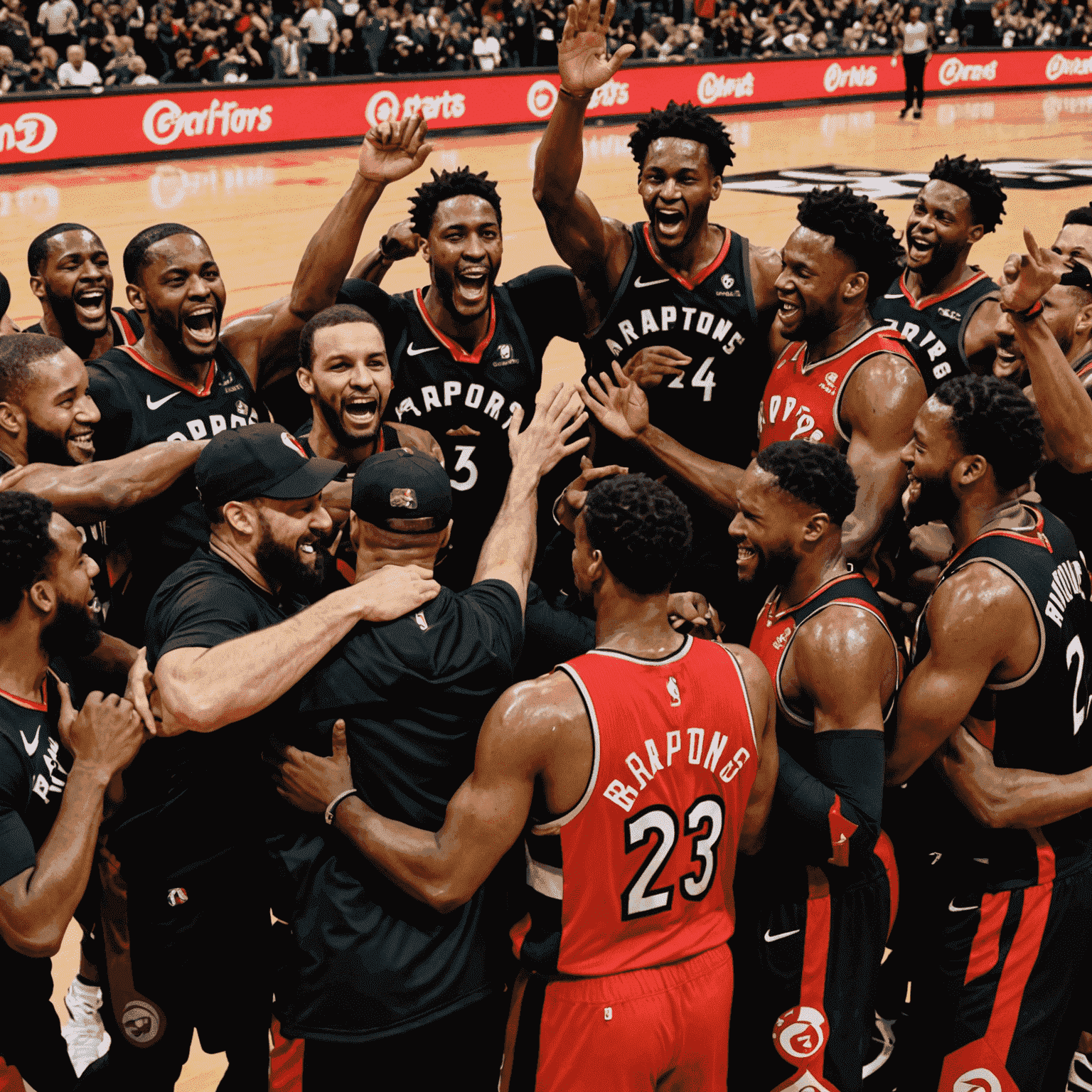 The Toronto Raptors celebrate on the court after clinching a playoff spot with an overtime victory