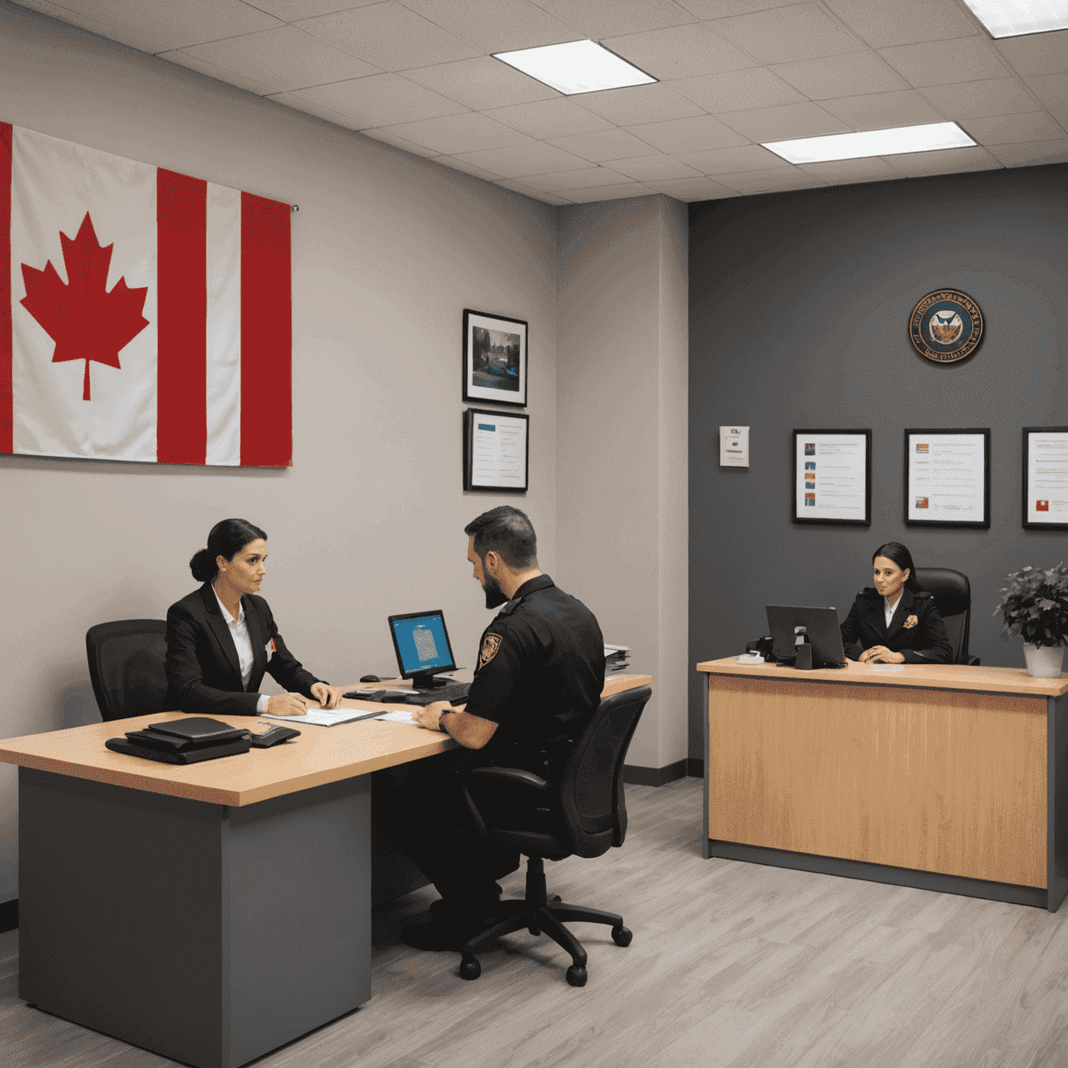 Interior of a Canadian immigration office, with a Canadian flag on the wall and an immigration officer assisting a client