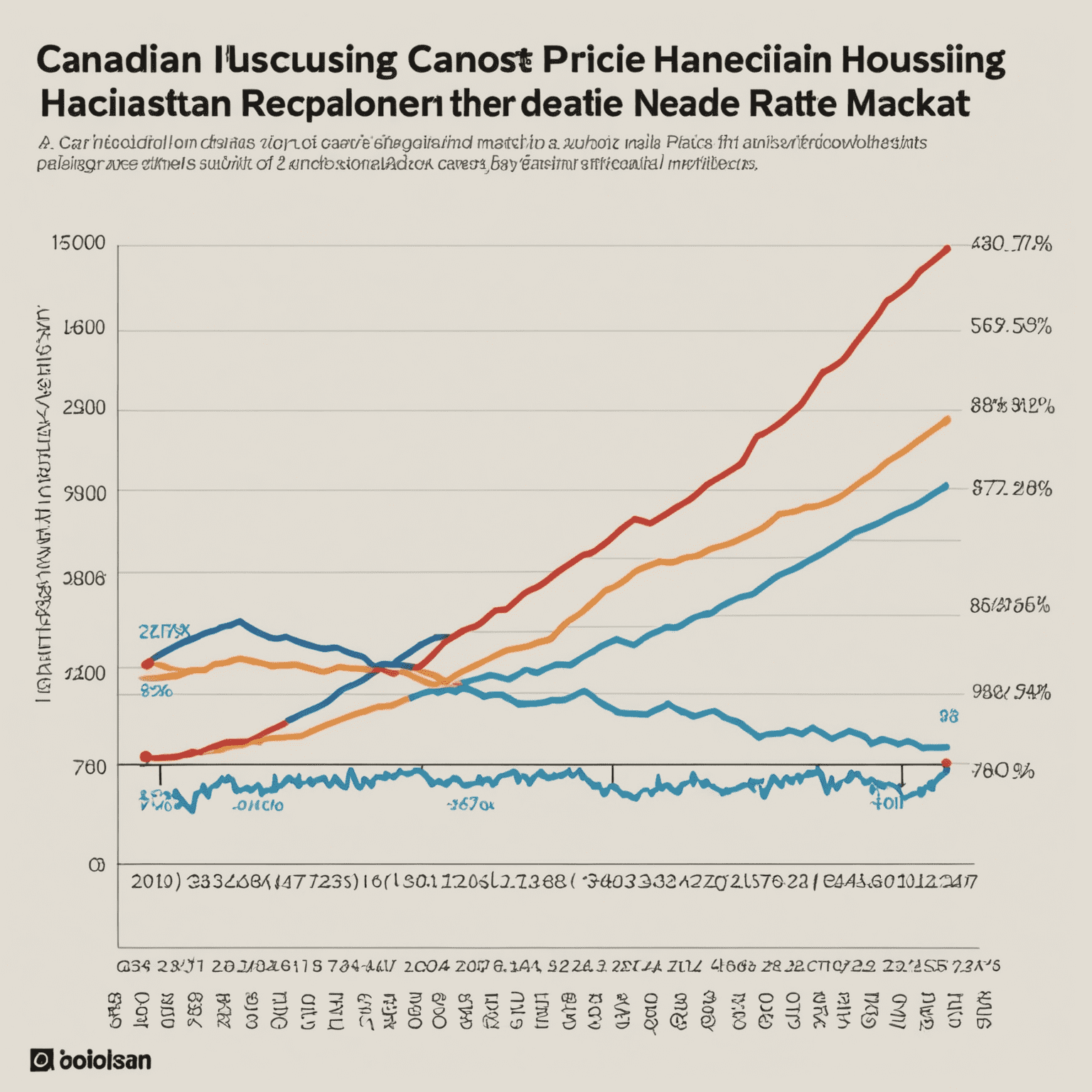 A graph showing the trend in Canadian housing prices over the past decade, with a sharp increase in recent years followed by a slight cooling off