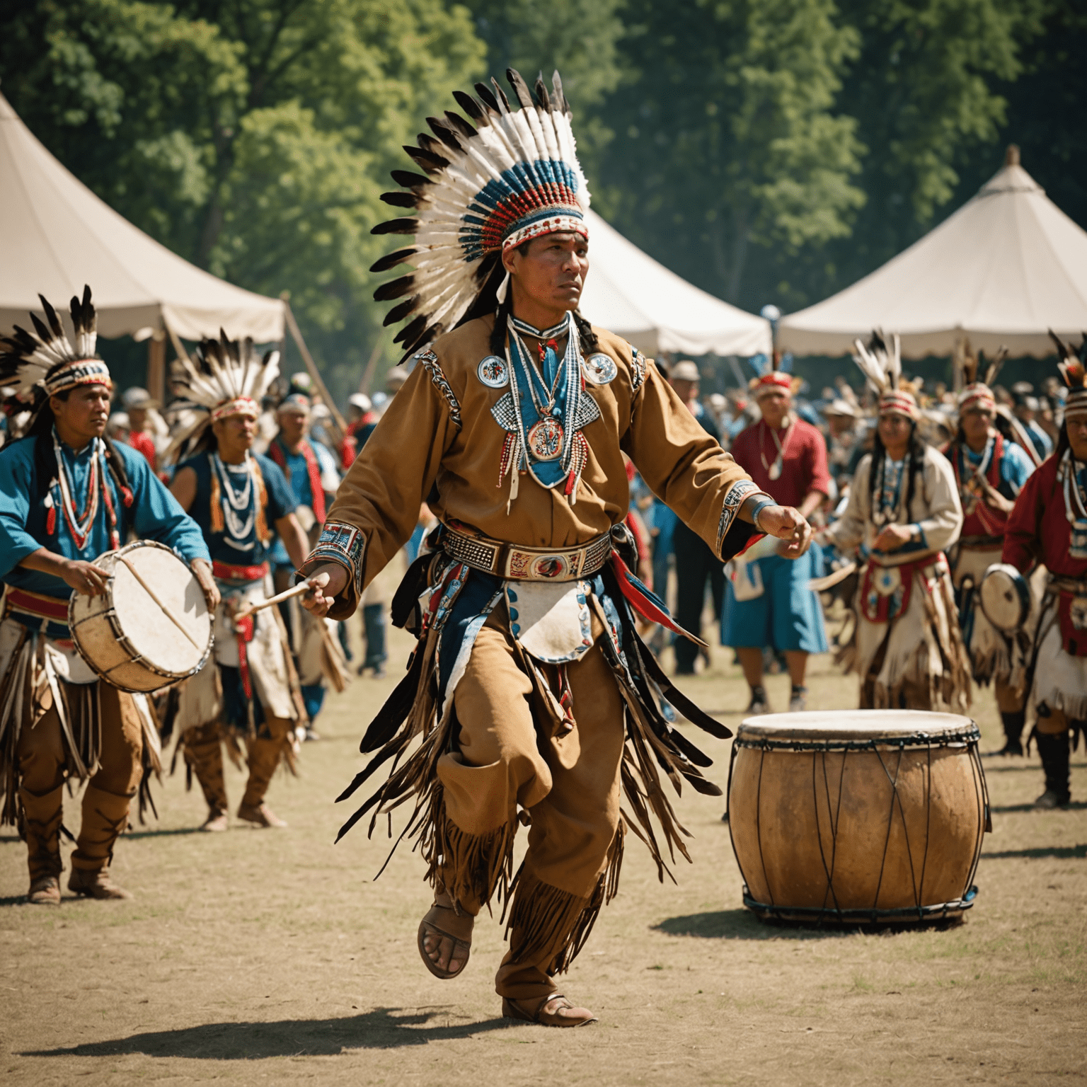 Indigenous dancers in traditional regalia performing at a pow wow, with a large drum circle in the background