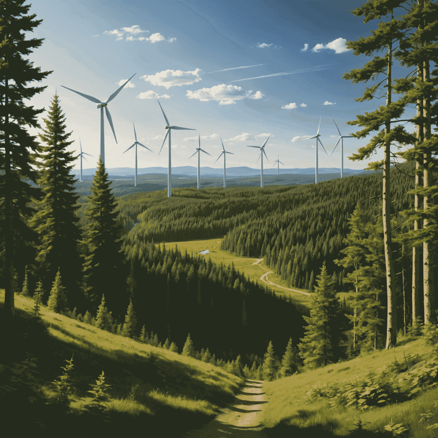 A scenic view of a Canadian forest with wind turbines in the background