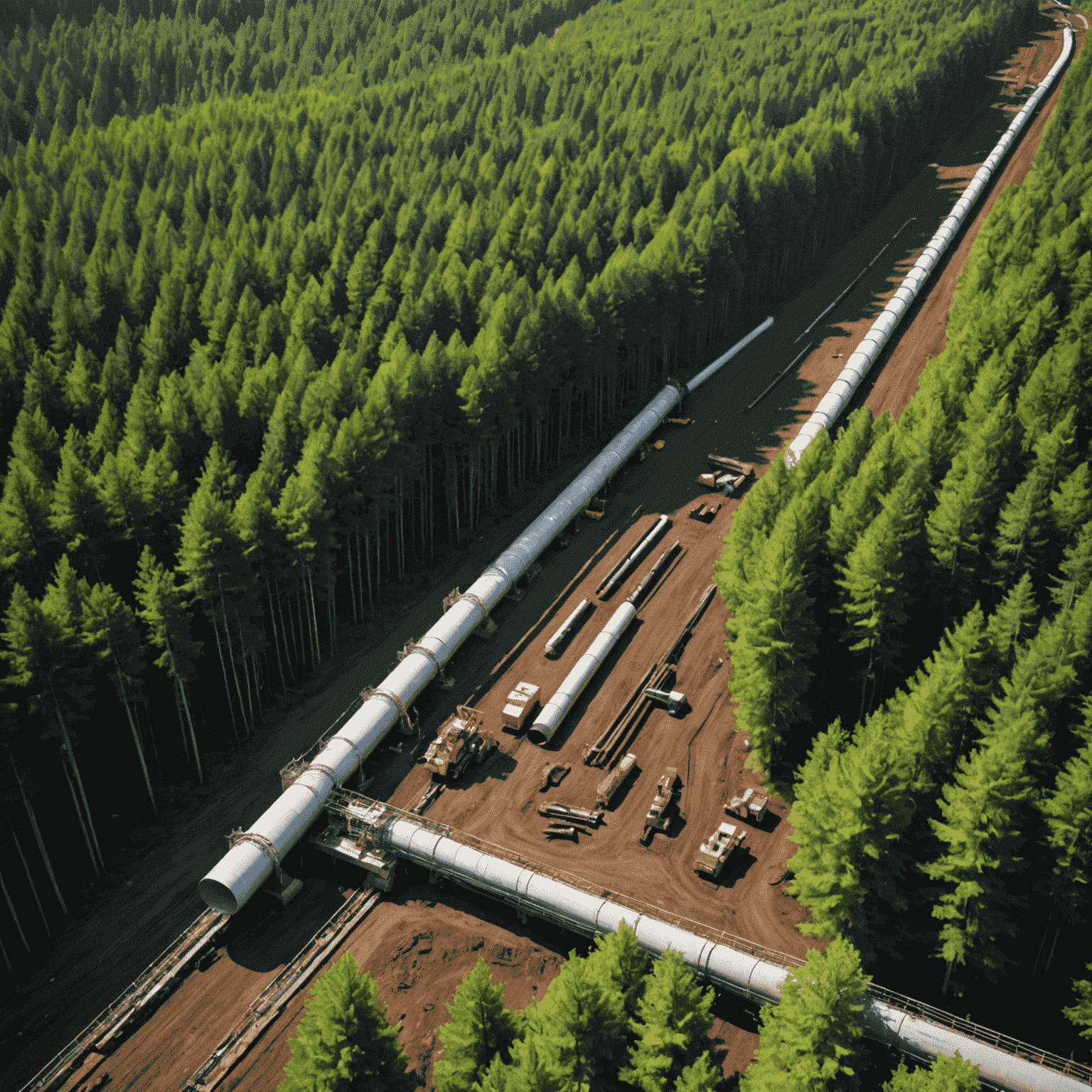 Aerial view of an oil pipeline under construction in a forested area, with heavy machinery visible