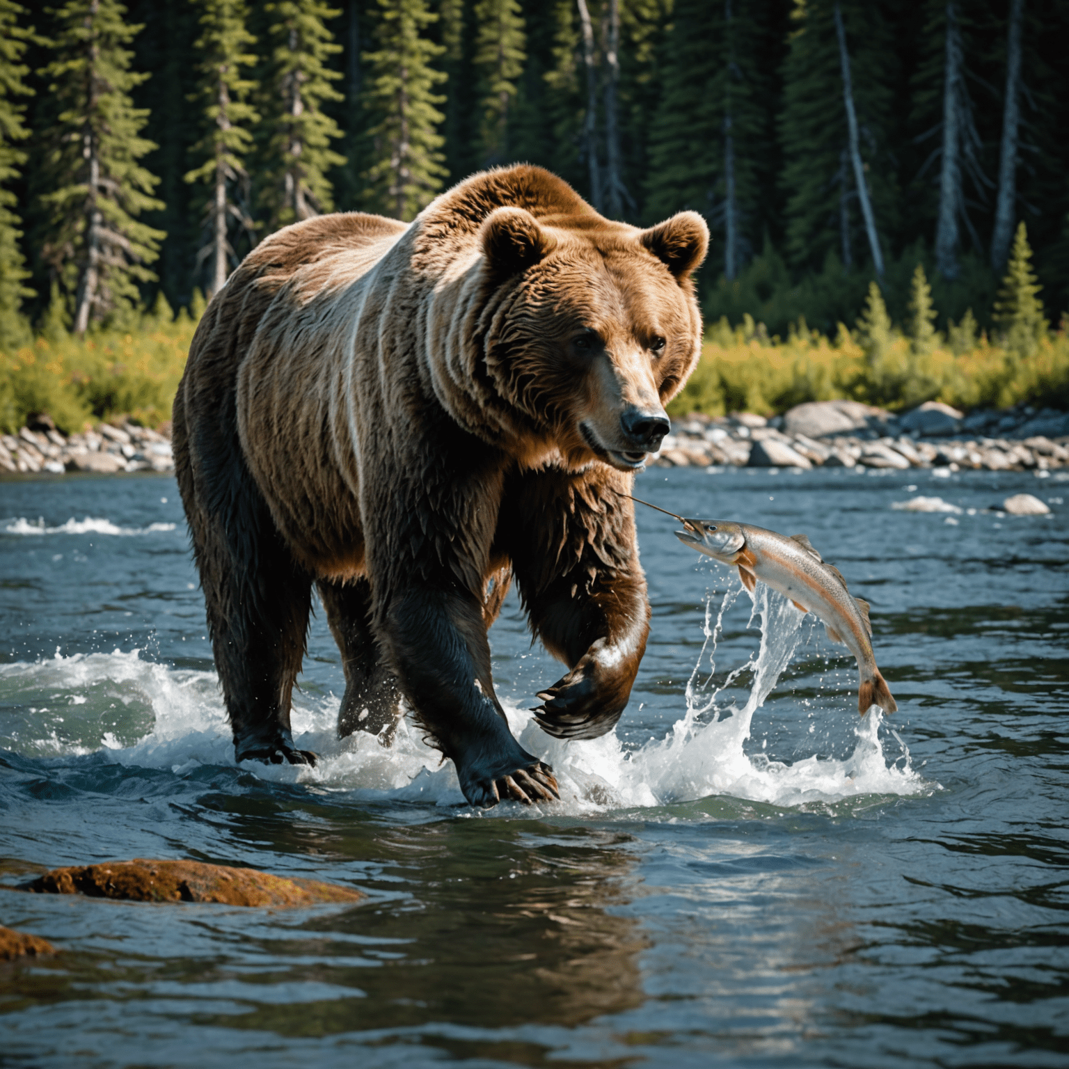 A grizzly bear fishing for salmon in a pristine river in the Canadian wilderness