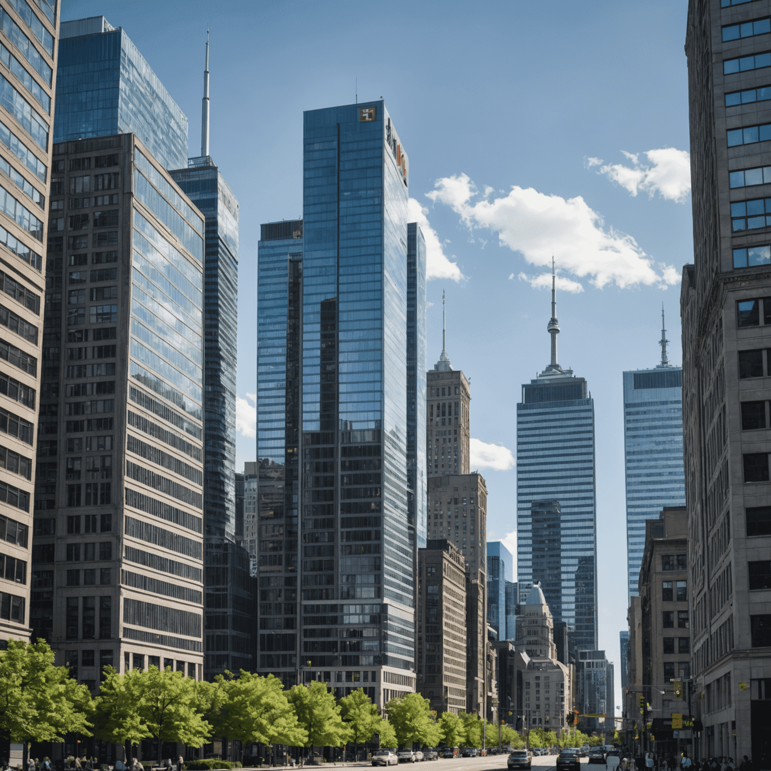 Skyline view of the financial district in downtown Toronto, with skyscrapers and office towers